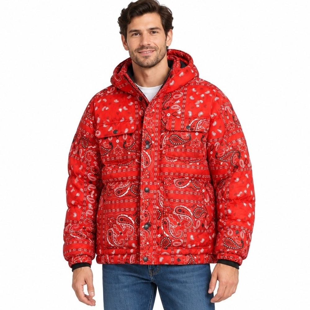 Levi Strauss Puffer Trucker Jacket Mens XXL Red Bandana Paisley Hooded